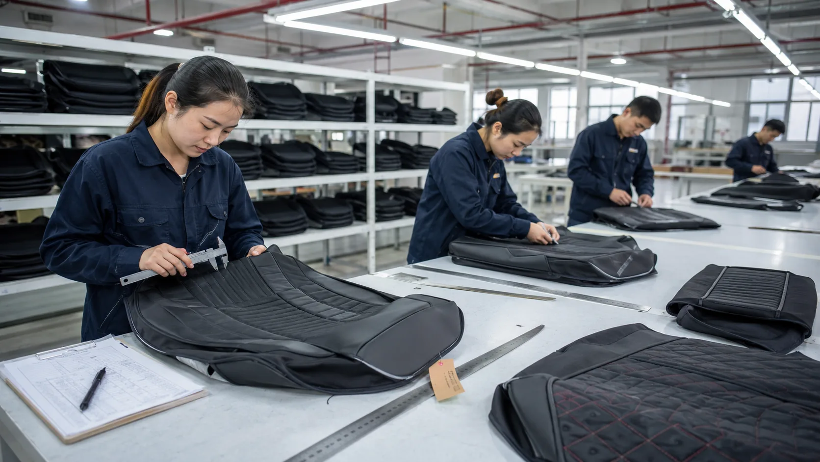 Car seat cover quality control with strict inspection of seams, fit and finish