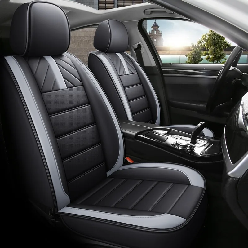 PU Leather-Look Car Seat Covers with Bow Headrest - Black Gray Standard