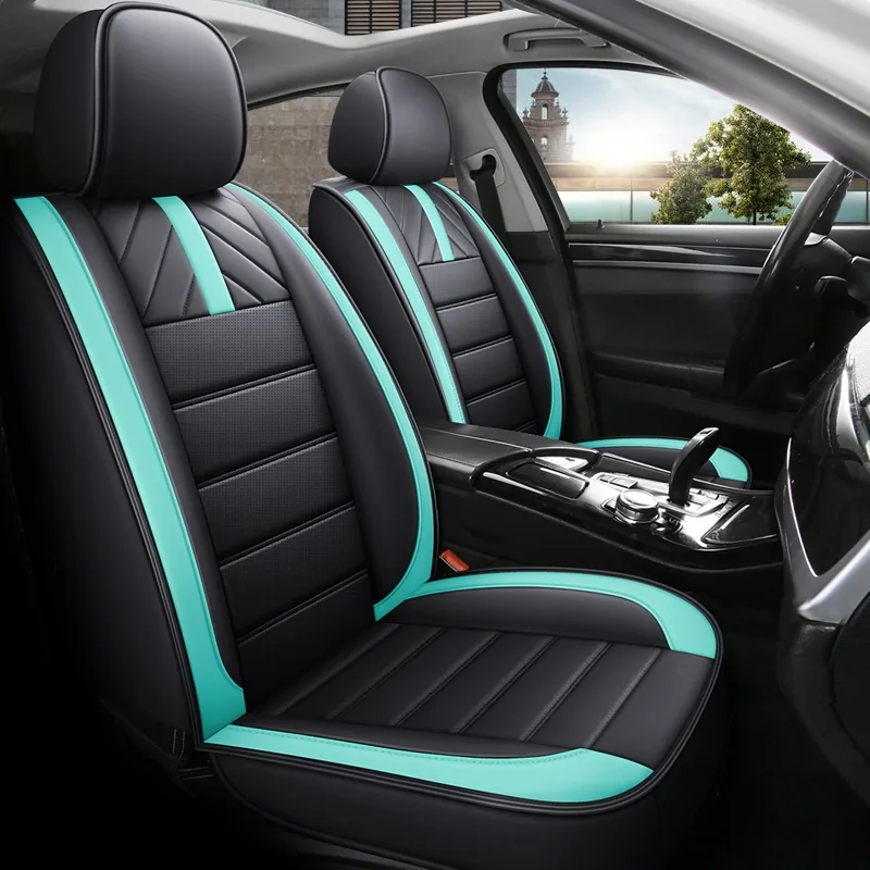 PU Leather-Look Car Seat Covers with Bow Headrest - Black Green Standard