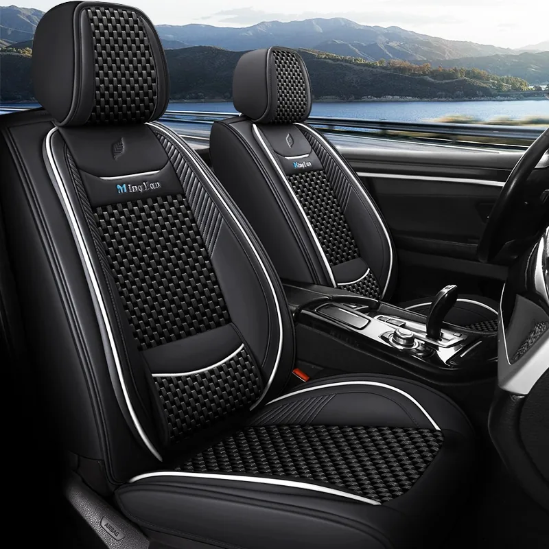 Leaf-Texture Leather & Ice Silk Car Seat Covers - Black Standard