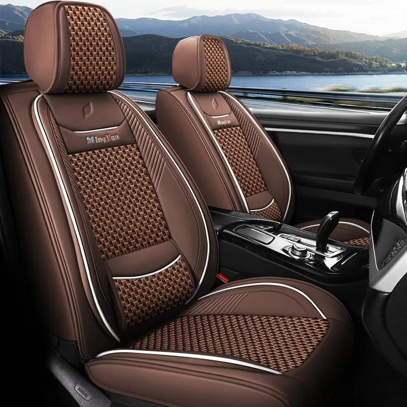 Leaf-Texture Leather & Ice Silk Car Seat Covers - Coffee Standard