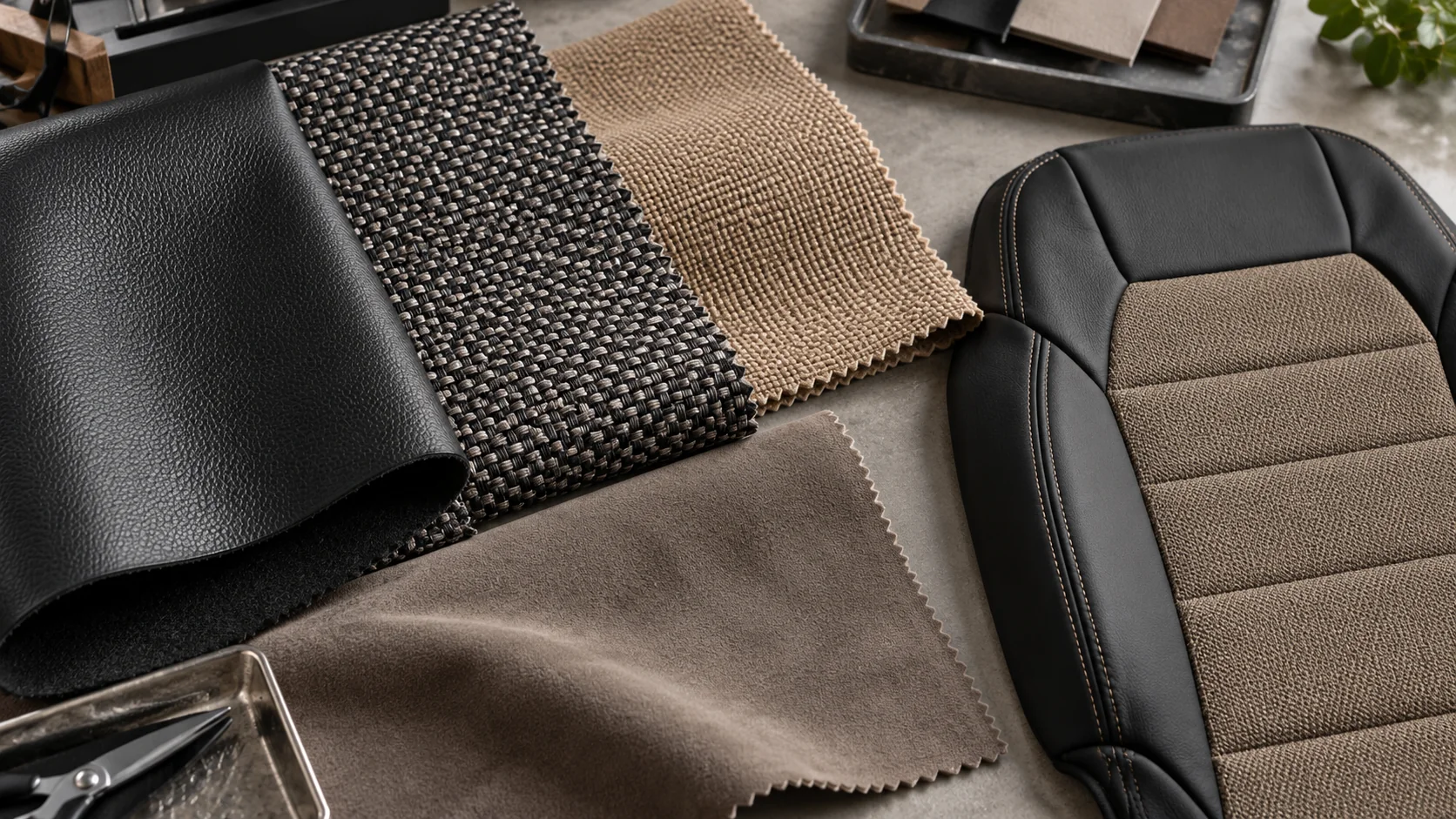 Car seat cover material options showing PU leather, water-resistant coating and OEM customization