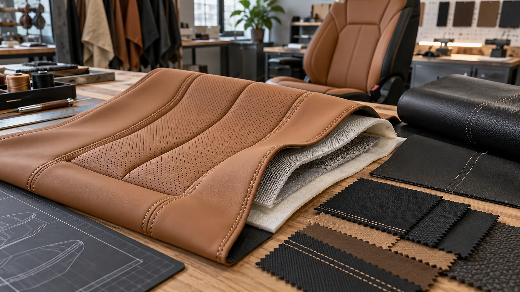 Premium car seat cover materials with PU leather, ice silk and layered trim options